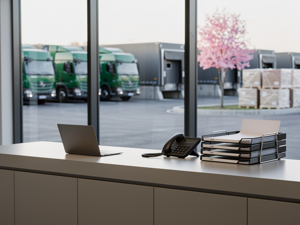 The depot front desk with a laptop, a phone and a stack of delivery folders, loading docks blurred through the glass beh