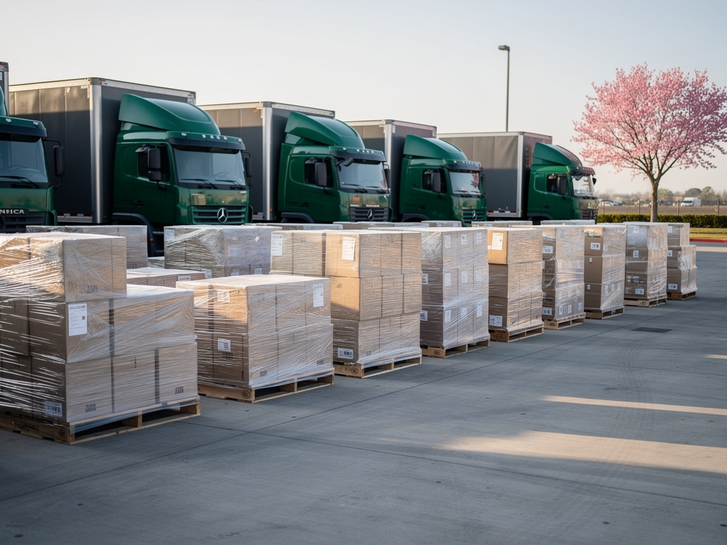 Stretch-wrapped pallets of mixed sizes lined up on a concrete dock, ready for loading.