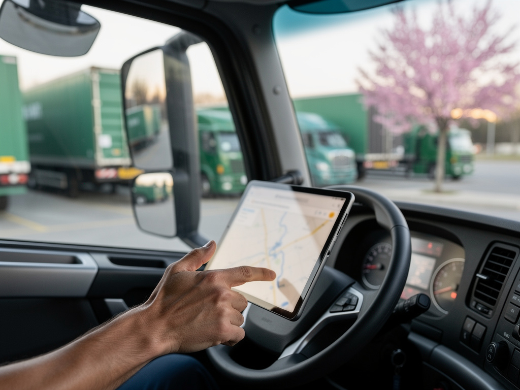 A close-up of a hand holding a tablet showing a blurred route map inside a truck cab.