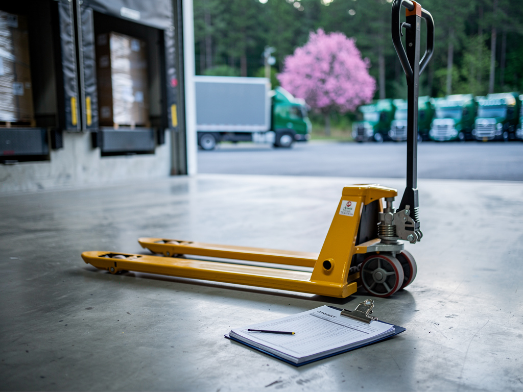 A clipboard with a load plan beside a pallet jack on the warehouse floor.