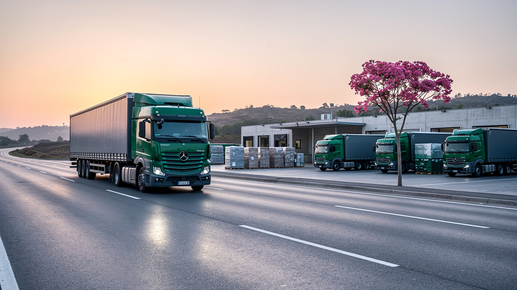 A green-cab semi truck driving on an open highway at sunrise, asphalt gleaming, hills in the background.