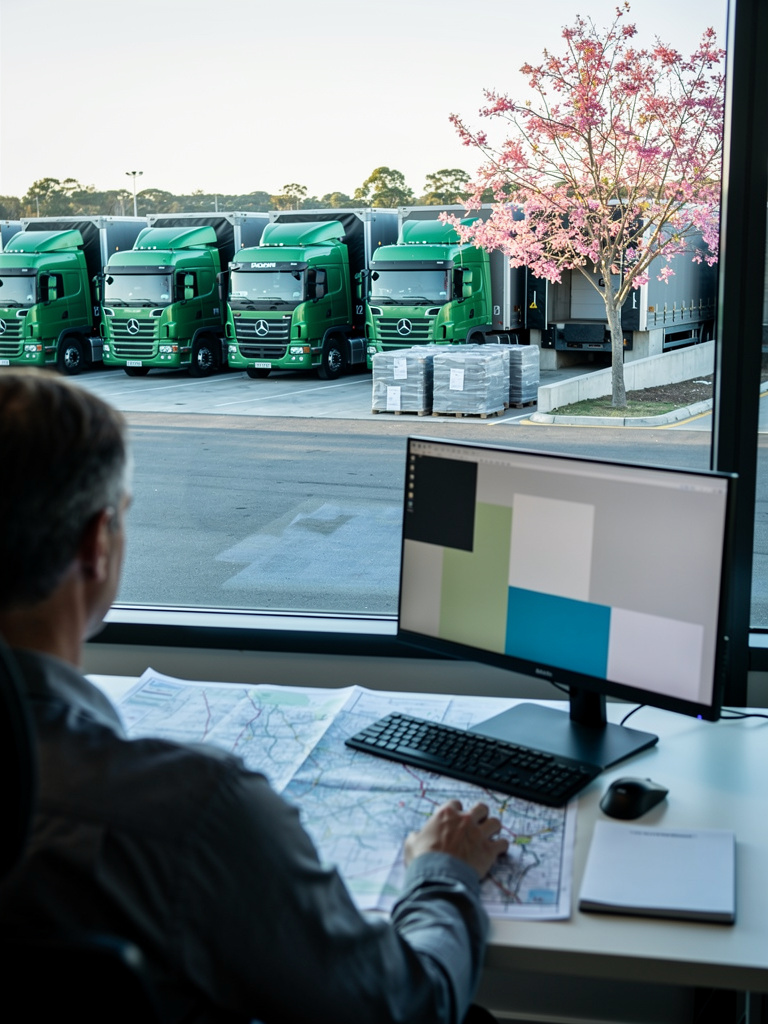 A dispatcher seen from behind at a desk with route maps and a monitor, facing the truck yard through a window.